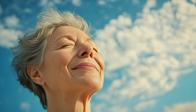 Elderly woman enjoying sunlight with serene expression under clear blue sky