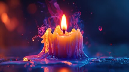 A lit candle with melted wax, symbolizing meditation and pray crisp edges