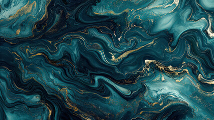 Obraz premium Abstract marbled background with teal and gold swirls.