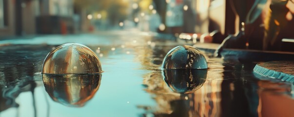 Calm reflections: transparent bubbles floating on a tranquil urban street water surface