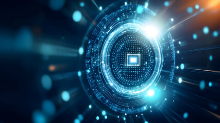 Abstract technology background with glowing circuit patterns and a central processing unit concept.