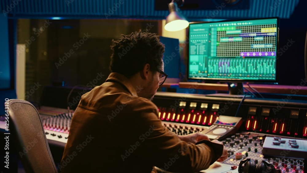 Poster Skilled performer musician recording tunes on electronic keyboard, singing on piano and creating music with audio engineer in studio. Young artist composer editing tracks on console. Camera B.