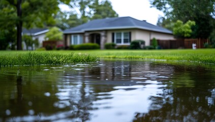 Fototapeta premium Flooded Suburban Yard After Heavy Rainfall Reflects Residential Home's Exterior in a Puddles of Storm Water Runoff.