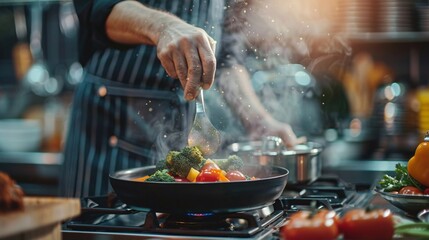 Cook seasoning a sizzling pan of vegetables in a professional kitchen