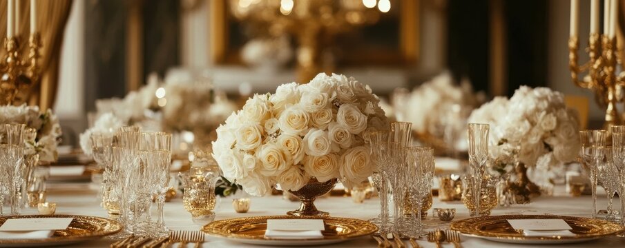 Elegant reception table with white roses and crystal glassware in luxurious setting