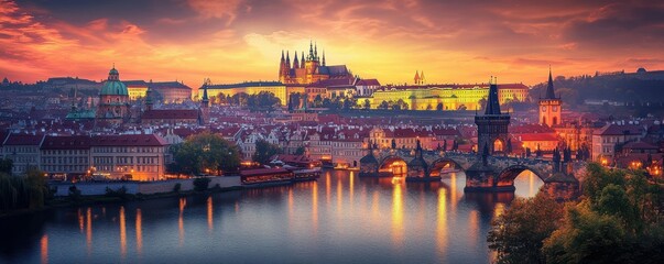 Naklejka premium Sunset view of prague castle and charles bridge over vltava river