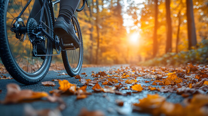 Fototapeta premium A man is riding a bicycle down a road with leaves on the ground