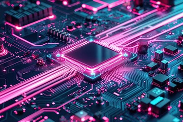 Fototapeta premium Futuristic Circuit Board Background with Vibrant Pink Patterns and Quantum Technology Artwork