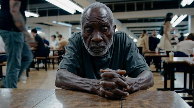 Senior black man sitting alone at a table in a crowded cafeteria, clasping his hands, conveying a sense of loneliness and isolation despite the bustling environment