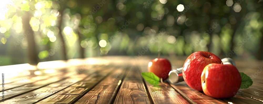 Poster Rustic wooden table in an orchard with three ripe red apples and green leaves, illuminated by warm sunlight