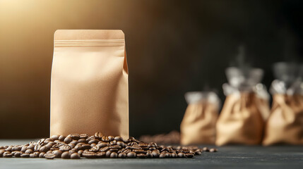 A beautifully packaged coffee bag with coffee beans scattered on a wooden surface, showcasing rich aroma and quality.