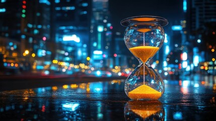 Enigmatic Hourglass Amidst Urban Bokeh Lights: A Captivating Representation of Time in a Vibrant Night Cityscape with Glimmering Reflections