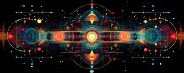 Abstract symmetric geometric art with vibrant rotating circles and cosmic patterns