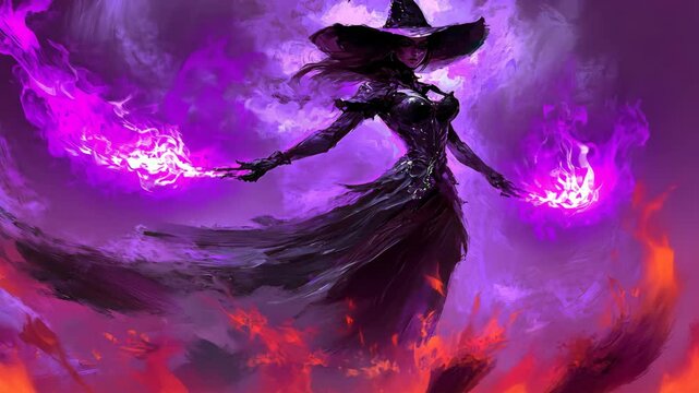 Enchanting witch casting spells in a mystical landscape during a dramatic twilight