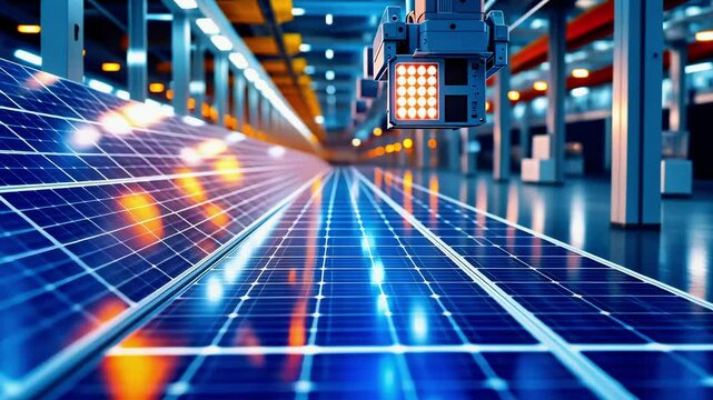 A vibrant solar panel installation showcasing advanced technology in a modern facility with bright lighting