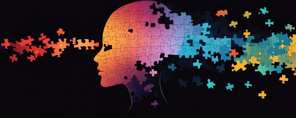 Colorful puzzle silhouette of female head with pieces flying away