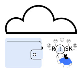 Cloud icon, wallet, and user analyzing risk elements thumbs up accounts, data, and money flow. Ideal for finance, security, business analysis investment data safety fraud detection. Abstract line