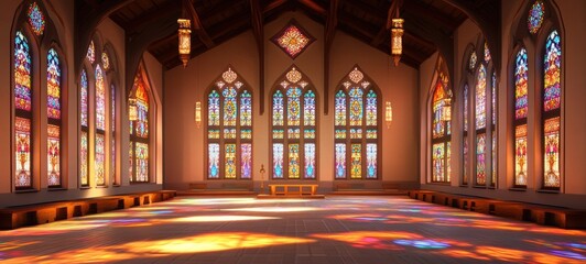 Obraz premium A prayer hall with high ceilings and stained glass reflections crisp edges