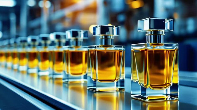 Elegant perfume bottles arranged in a factory setting, showcasing production and quality control
