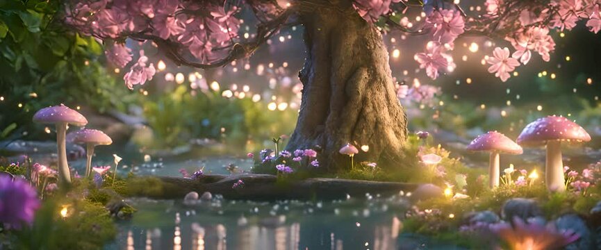 A magical secret fairy garden, bathed in moonlight, with sparkling dew on vibrant flowers