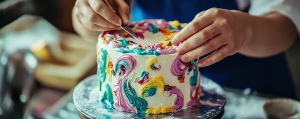 Close-up of hands decorating colorful swirled icing on cake