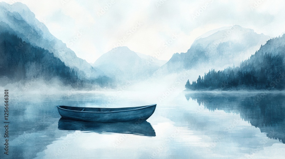 Poster serene watercolor illustration of a rowboat on a calm mountain lake with a blank sky perfect for tex