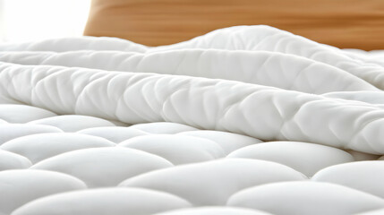 Obraz premium A close-up view of a cozy mattress with soft, white bedding inviting relaxation and comfort in a serene bedroom.