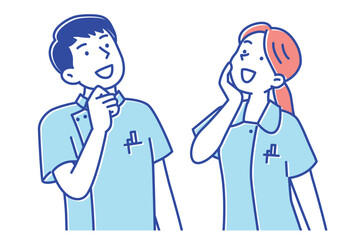 笑顔で斜め上を見ている若い看護師の男女のイラスト