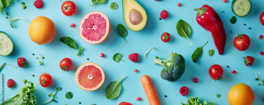 Poster diverse array of vibrant fruits and vegetables are arranged on a vivid blue backdrop