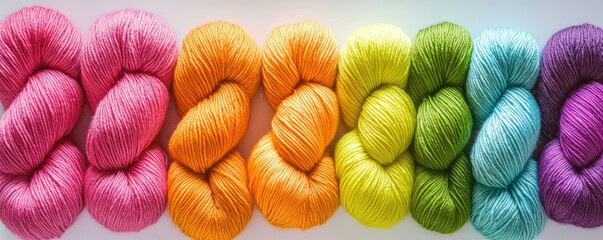 Colorful yarn skeins arranged in rainbow order for knitting and crochet projects
