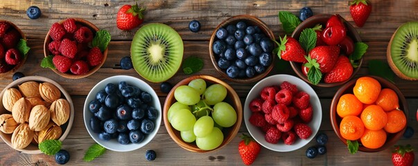 Healthy assortment of colorful fresh fruits and almonds in bowls, on a rustic wooden background, shot from above