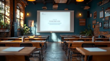 Modern classroom setup with wooden desks and projector screen, ready for a presentation