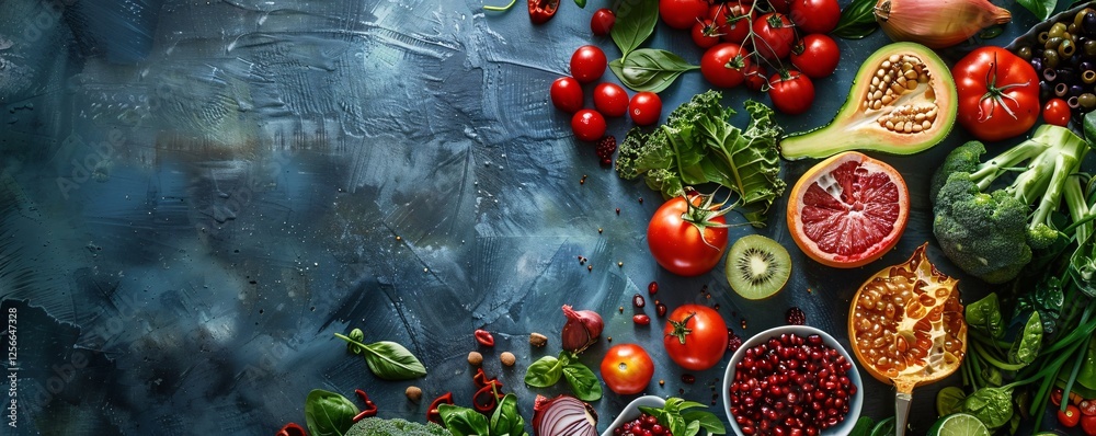 Poster colorful fresh fruits and vegetables creating a vibrant frame with empty space on dark blue textured