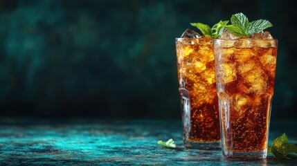 Refreshing Cold Brew Coffee Served in Sleek Glasses with Ice and Mint Garnish Against a Dark and Atmospheric Background