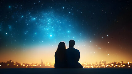 A couple gazes at a starry night sky, surrounded by a stunning cityscape, capturing a moment of love and wonder.