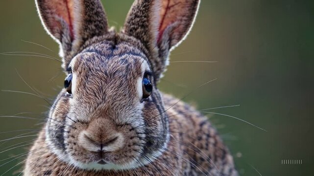 Close-up of a wild rabbit sitting in a natural environment, showcasing its large ears, expressive eyes, and long whiskers, creating a captivating wildlife portrait