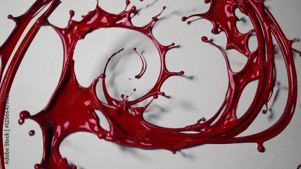 Poster vibrant stream of red liquid dynamically splashes, creating a captivating abstract form against a ne