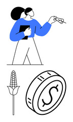 Woman with file analyzing agriculture, wheat, and economic coin investment. Ideal for business, agriculture, technology, finance, sustainability strategy and growth. Minimal abstract line flat