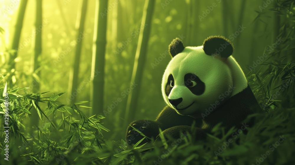 Poster Panda resting amidst bamboo in a lush green forest, inviting calm and tranquility for nature lovers and wildlife enthusiasts. Generative AI