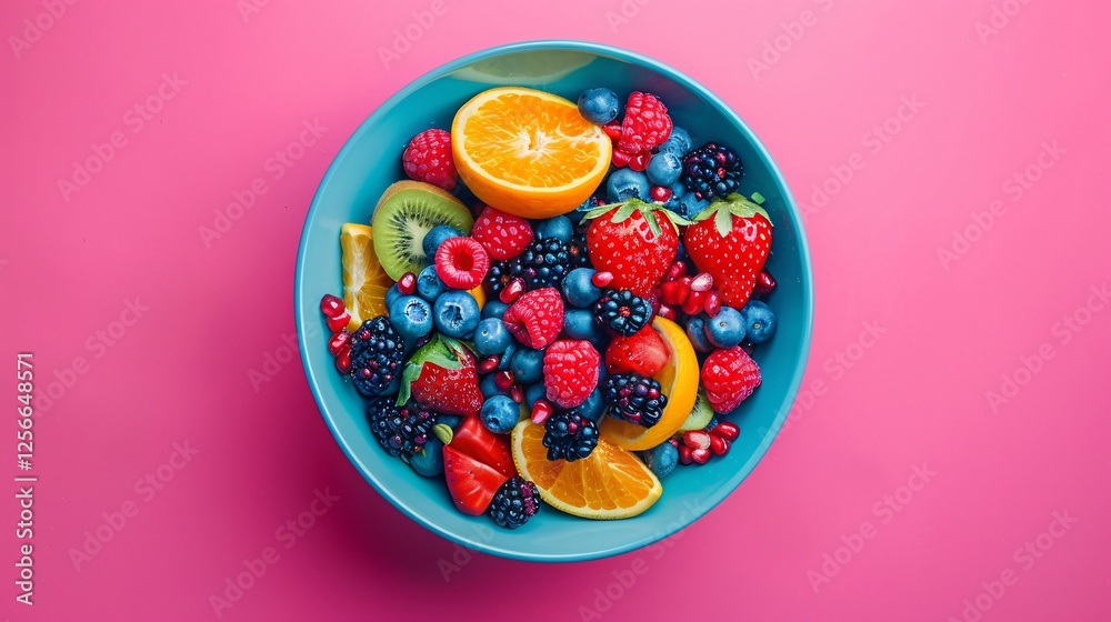 Aufkleber overflowing fresh and colorful fruit salad in a turquoise bowl on a pink background