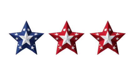 Red, white and blue patriotic stars celebrating independence day on transparent background