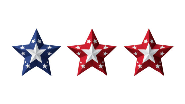 Red, white and blue patriotic stars celebrating independence day on transparent background