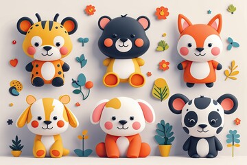 Delightful Children's Cartoon Icons Featuring Playful Animal Designs on Simple Backgrounds