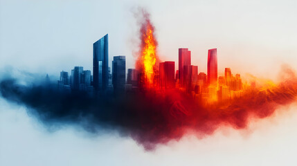 A dramatic skyline with flames and smoke, illustrating a powerful contrast between fire and urban architecture.