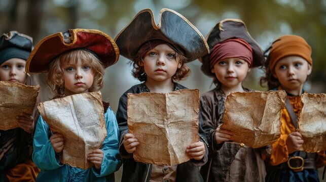 A group of young children in pirate costumes examines treasure maps in an outdoor location