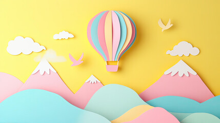 Pastel Paper Craft Hot Air Balloon Over Mountains and Clouds