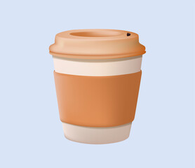 Coffee cup cartoon 3D illustration. Paper cup with coffee, vector icon. Paper cup mockup. Coffee to go, delicious hot