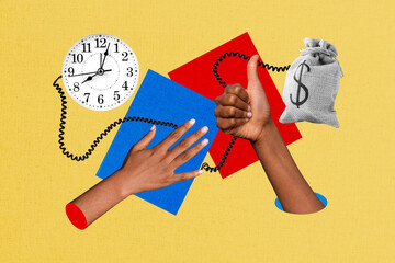Creative sketch collage of american hands show palm like gesture wire clock connection dollar bag...
