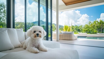 Adorable White Poodle Relaxing in Luxurious Villa with Stunning View
