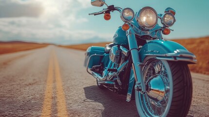 Classic Motorcycle on Open Road Under Clear Skies, Showcasing Chrome Details and Vibrant Color, Perfect for Automotive and Travel Enthusiasts